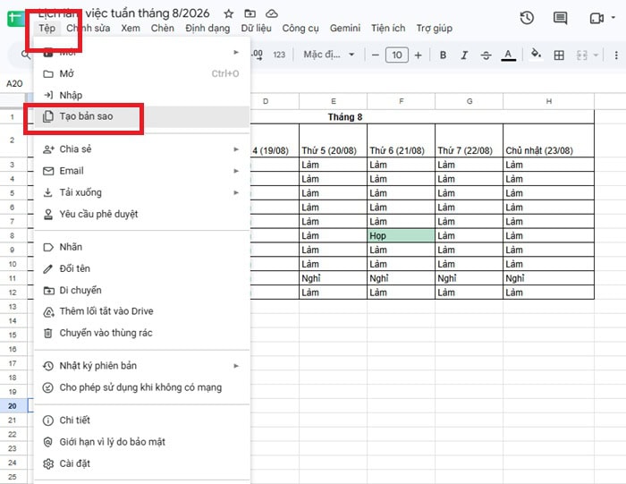 Khám phá mẫu lịch làm việc tuần trên Google Sheets & cách tự tạo cơ bản 22 Nhân bản bảng tính