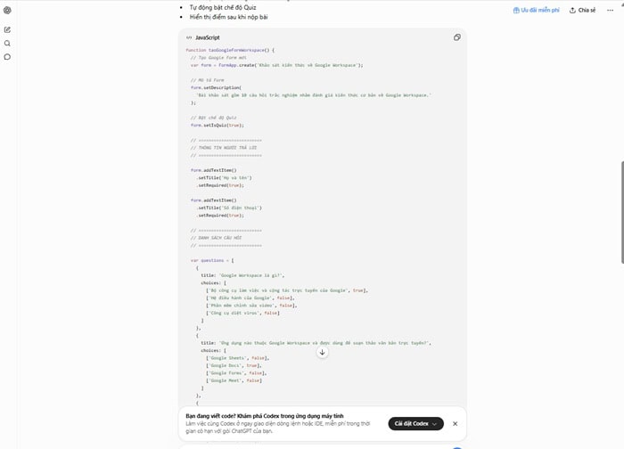 Hướng dẫn cách tạo Google Forms bằng ChatGPT nhanh, chuẩn từ A-Z 6 hãy nhấn Copy code.
