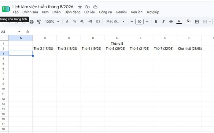 Khám phá mẫu lịch làm việc tuần trên Google Sheets & cách tự tạo cơ bản 17 Nhập các ngày trong tuần