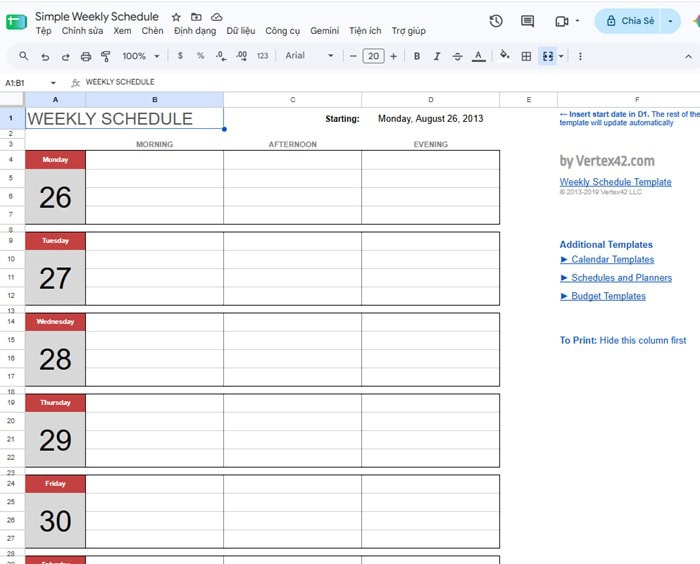 Khám phá mẫu lịch làm việc tuần trên Google Sheets & cách tự tạo cơ bản 9 Tải xuống Google Sheets