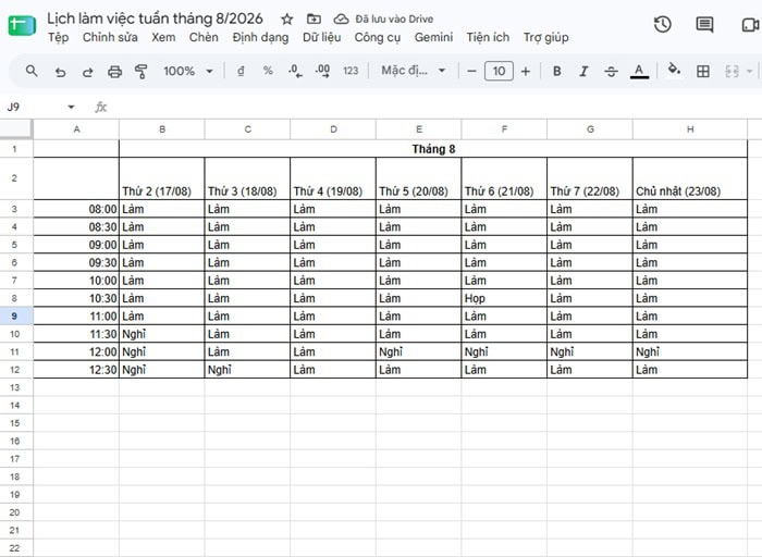 Khám phá mẫu lịch làm việc tuần trên Google Sheets & cách tự tạo cơ bản 18 Nhập ngày bắt đầu tuần