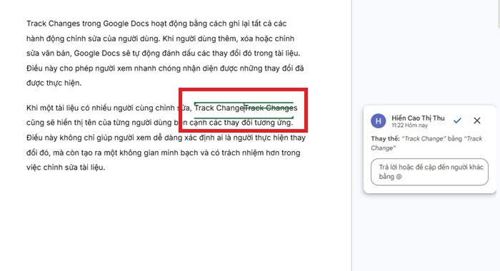 Hướng dẫn cách dùng Track Changes trong Google Docs từ A-Z 9 Thay thế nội dung