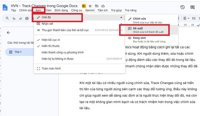 Hướng dẫn cách dùng Track Changes trong Google Docs từ A-Z 5 Chọn chuyển sang Đề xuất