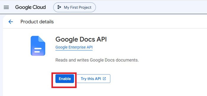 Hướng dẫn cách tích hợp Google Docs MCP với Claude Code từ A-Z 10 nhấp vào và chọn Enable