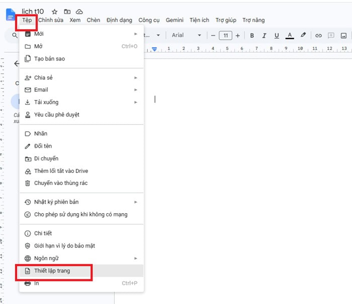 03 Cách tạo lịch trong Google Docs| Hướng dẫn chi tiết từ A-Z 6 nhấp Thiết lập trang