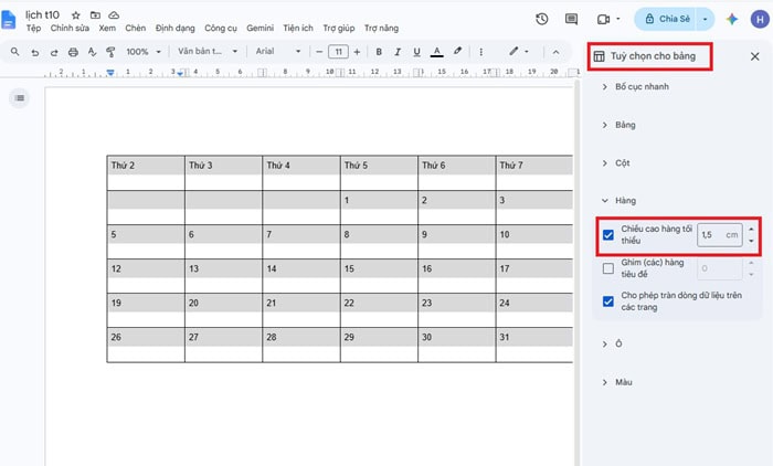 03 Cách tạo lịch trong Google Docs| Hướng dẫn chi tiết từ A-Z 10 Điều chỉnh kích thước