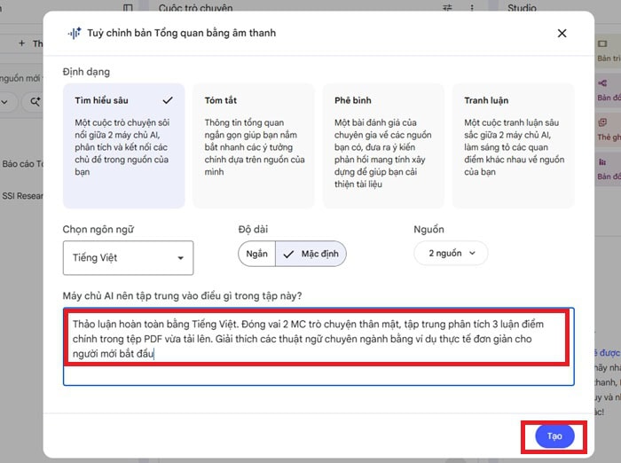 Hướng dẫn tạo podcast với NotebookLM đơn giản cùng một số mẹo hiệu quả 12 kiểm tra lại và nhấn Tạo