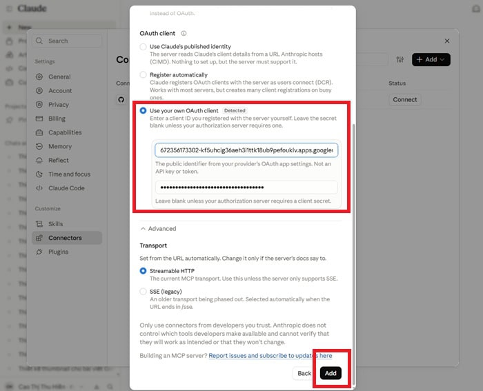 Hướng dẫn cách tích hợp Google Docs MCP với Claude Code từ A-Z 24 Nhập thông tin OAuth