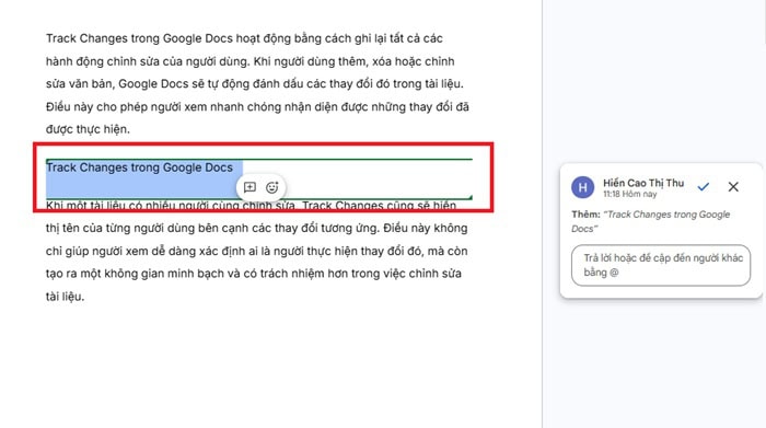 Hướng dẫn cách dùng Track Changes trong Google Docs từ A-Z 7 Thêm nội dung mới