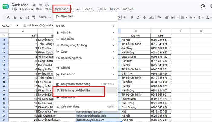 04 Cách xóa các mục trùng lặp trong Google Sheets| Hướng dẫn từ A-Z 9 chọn Định dạng có điều kiện