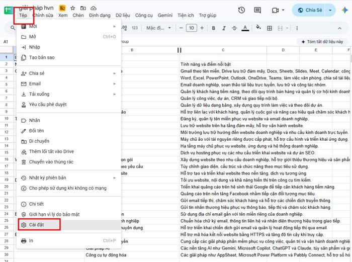 Hướng dẫn cách thay đổi ngôn ngữ trong Google Sheets từ A-Z 7 Mở Cài đặt bảng tính