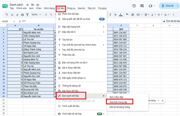 04 Cách xóa các mục trùng lặp trong Google Sheets| Hướng dẫn từ A-Z 5 Truy cập công cụ lọc trùng.