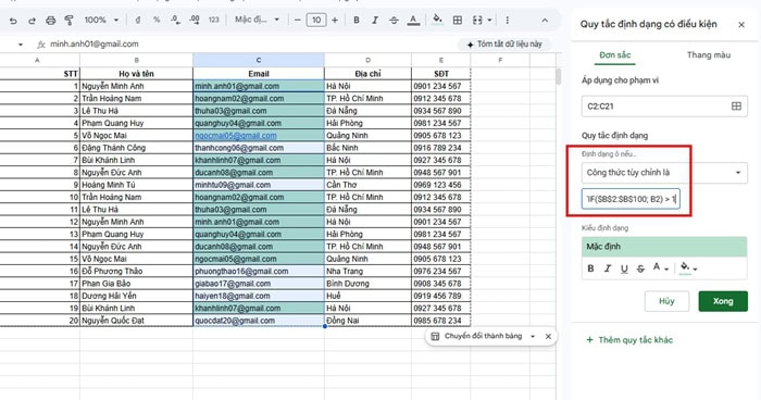 04 Cách xóa các mục trùng lặp trong Google Sheets| Hướng dẫn từ A-Z 10 Mở công cụ định dạng