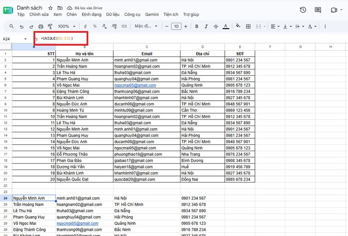 04 Cách xóa các mục trùng lặp trong Google Sheets| Hướng dẫn từ A-Z 7 Sử dụng hàm UNIQUE