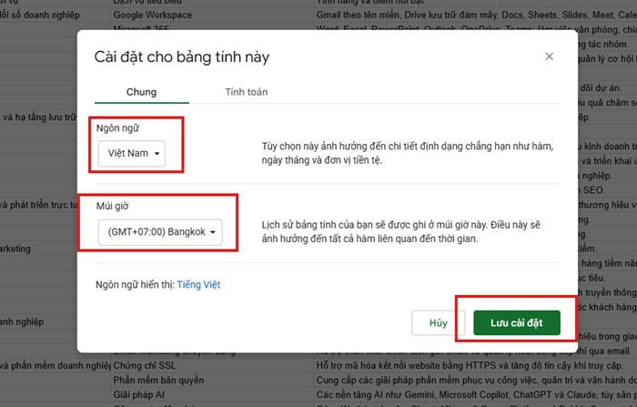 Hướng dẫn cách thay đổi ngôn ngữ trong Google Sheets từ A-Z 8 bấm nút Lưu cài đặt