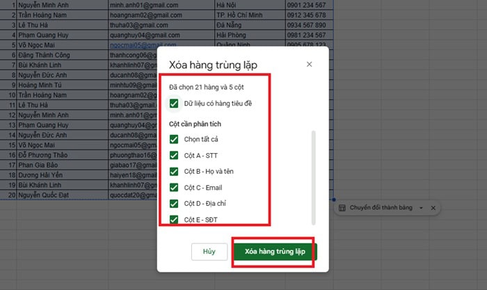 04 Cách xóa các mục trùng lặp trong Google Sheets| Hướng dẫn từ A-Z 6 Xóa hàng trùng lặp
